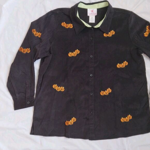 Vintage Quacker Factory Black Corduroy Shirt Jack O Lanterns Embroidered 1X - Picture 4 of 9